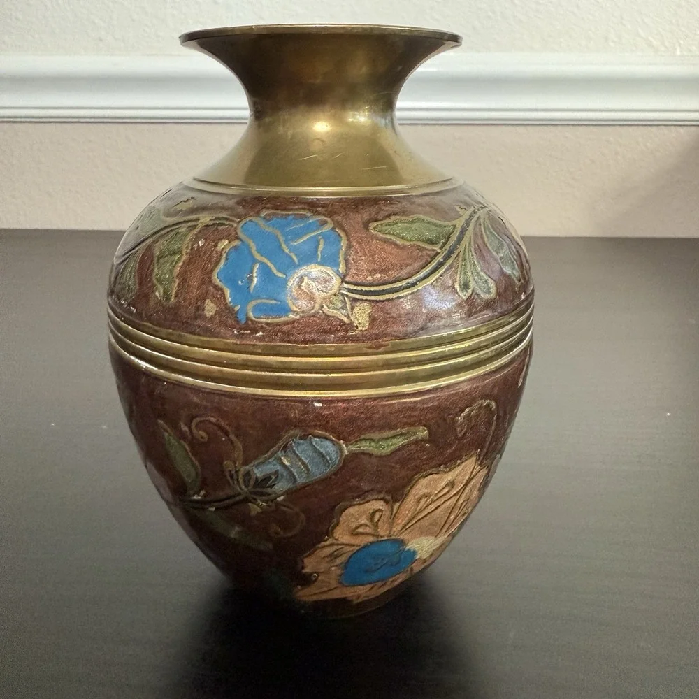 Vintage Brass Vase Floral‎ Design Enameled Hand Painted Flowers India Bud Vase